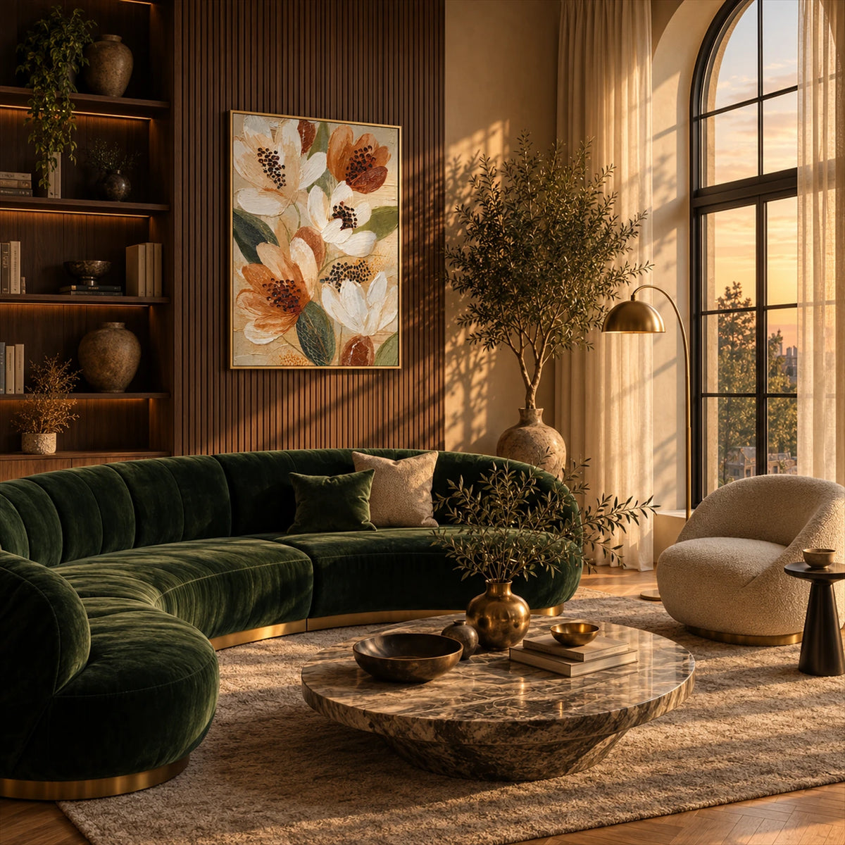 Ochre Petals artwork displayed above a deep green sofa.