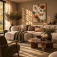 Ochre Petals artwork displayed above a cream sofa with green accents.