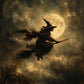 Moonshadow Flight full artwork. A silhouetted witch rides a broom through smoky clouds in front of a glowing golden moon.