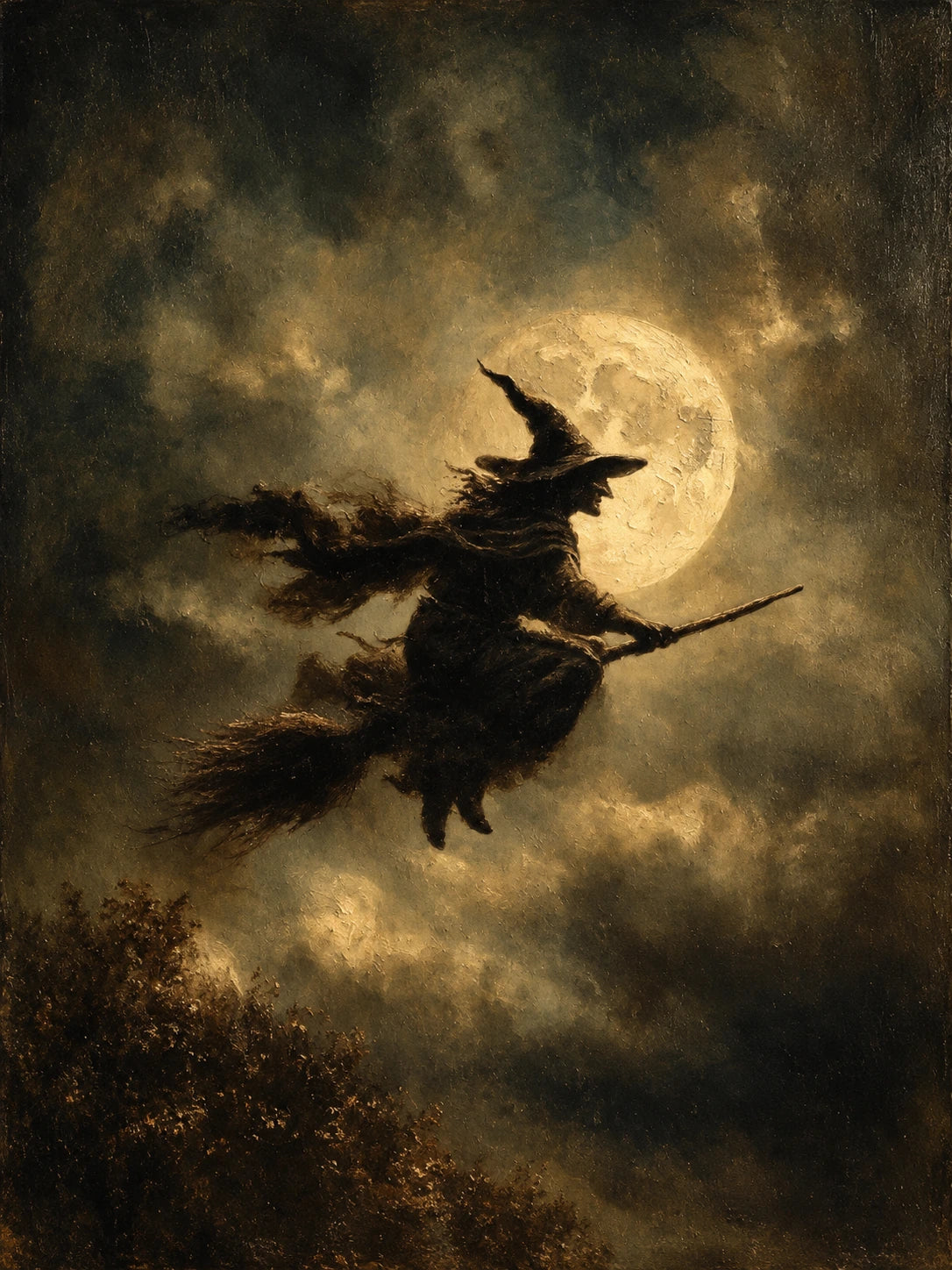 Moonshadow Flight full artwork. A silhouetted witch rides a broom through smoky clouds in front of a glowing golden moon.