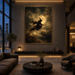 Moonshadow Flight artwork displayed above dark lounge seating.