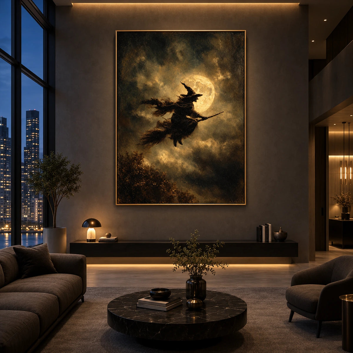 Moonshadow Flight artwork displayed above dark lounge seating.