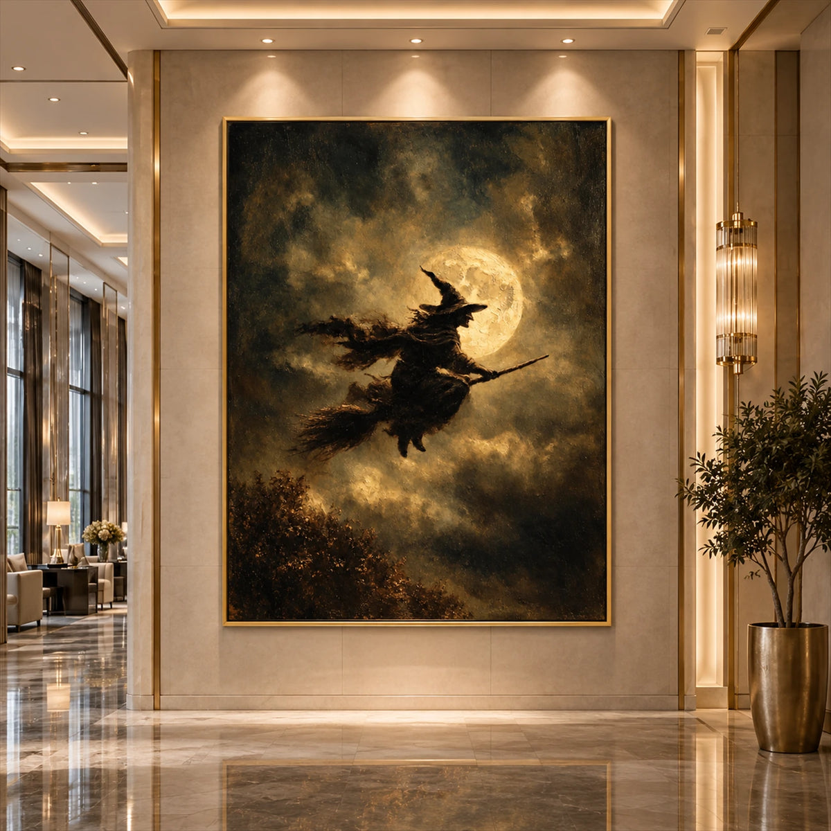 Moonshadow Flight artwork displayed on an illuminated marble hallway wall.
