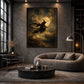Moonshadow Flight artwork displayed above a gray sofa by tall windows.