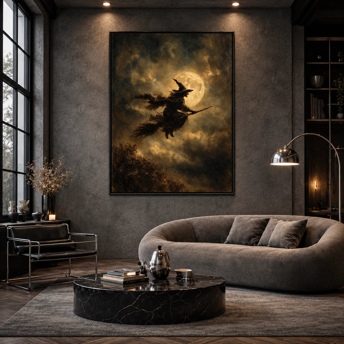 Moonshadow Flight artwork displayed above a gray sofa by tall windows.
