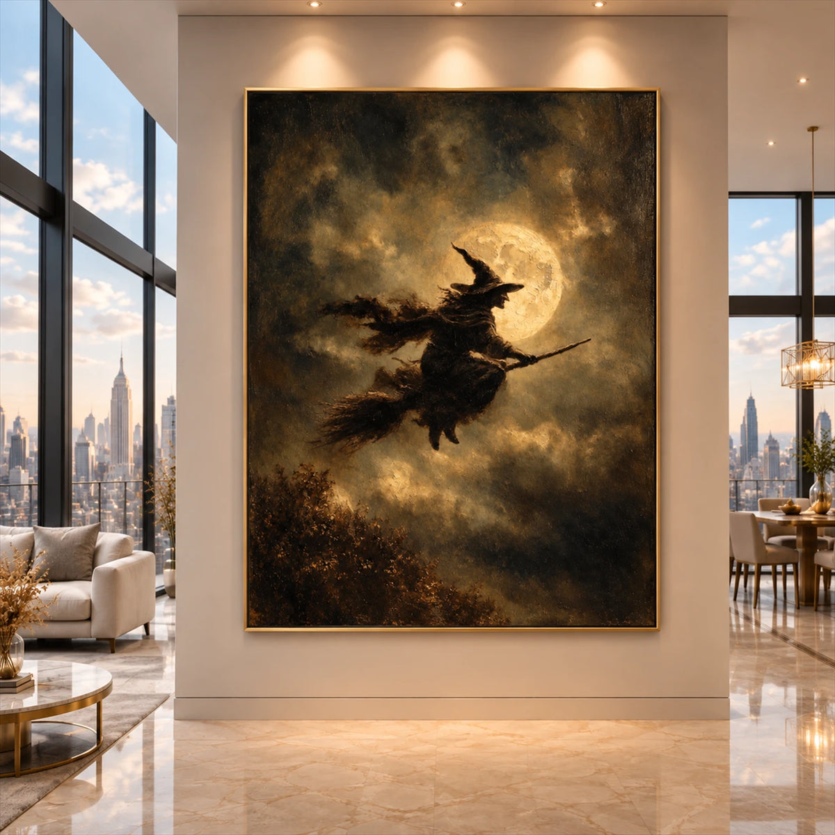 Moonshadow Flight artwork displayed on a tall wall beside city-view windows.