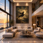 Moonshadow Flight artwork displayed above a cream sectional in a double-height room.