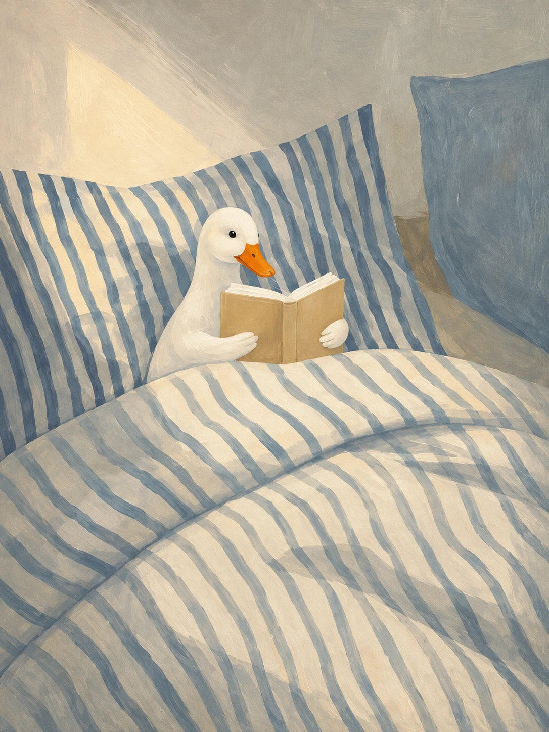 Bedtime Duck full artwork. A small white duck reads a book while tucked beneath blue-and-cream striped bedding.