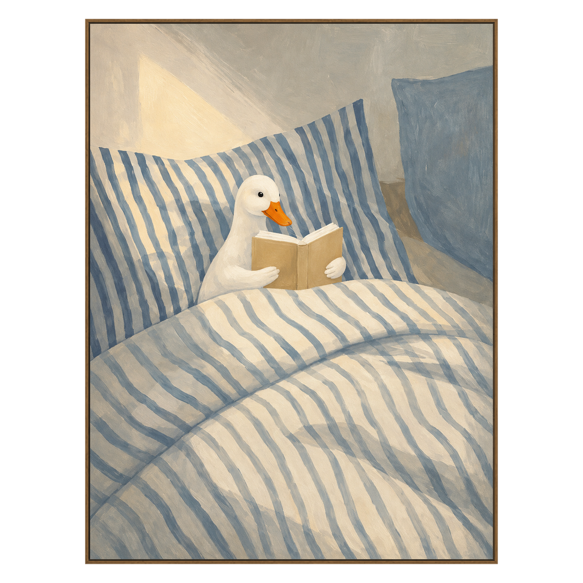 Bedtime Duck artwork in a natural wood frame on a transparent background.