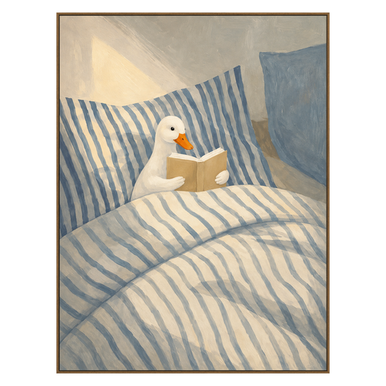 Bedtime Duck artwork in a natural wood frame on a transparent background.