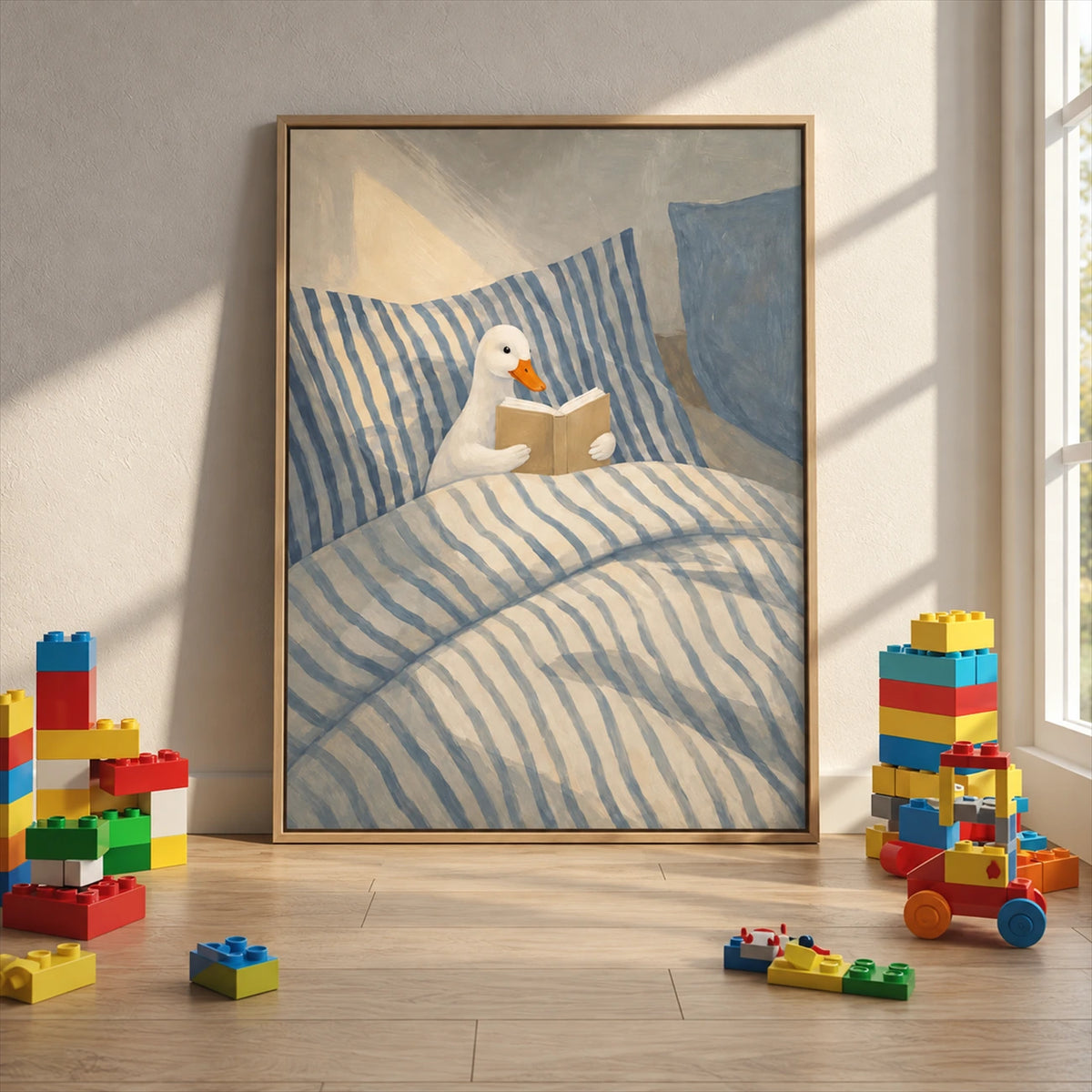 Bedtime Duck artwork displayed leaning beside colorful toy blocks.
