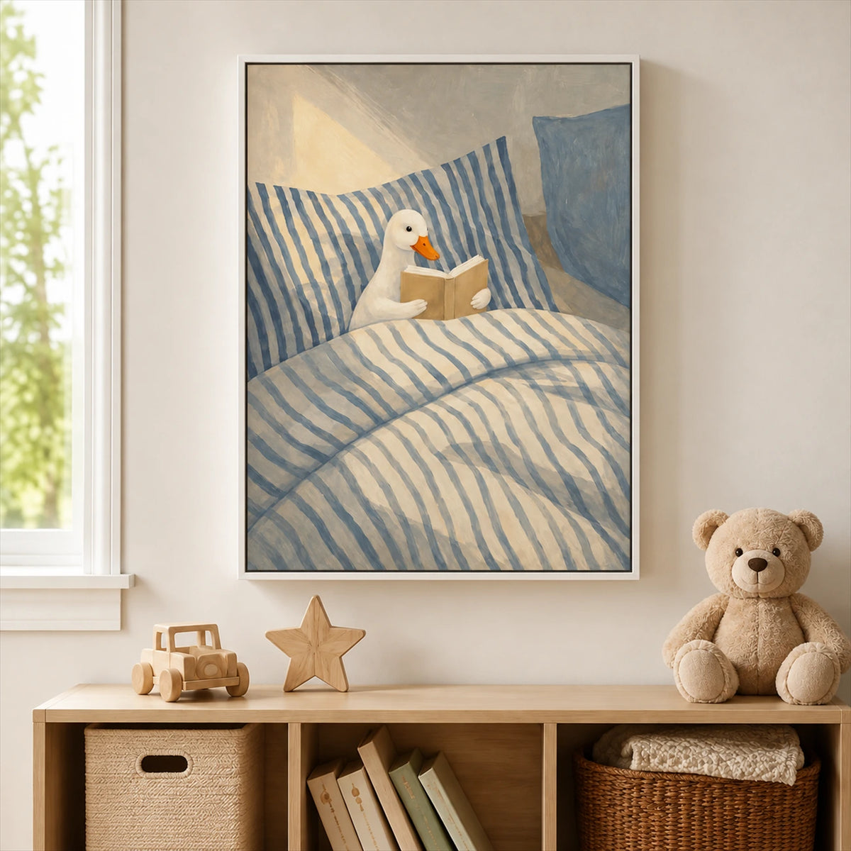 Bedtime Duck artwork displayed above a low shelf with a teddy bear.