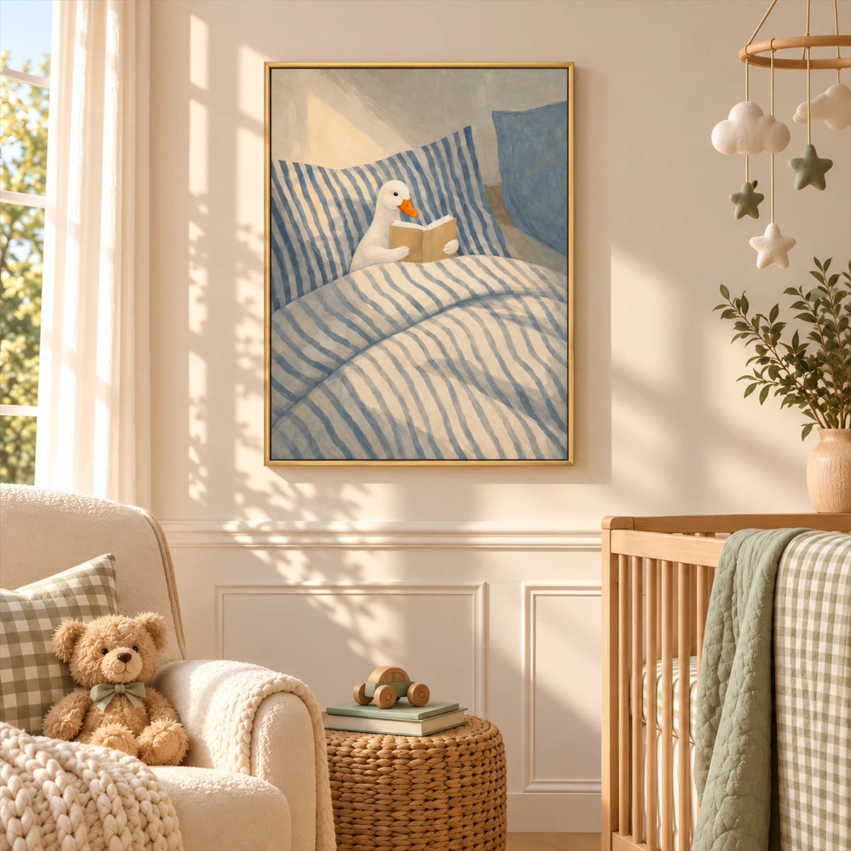Bedtime Duck artwork displayed above a chair beside a crib.