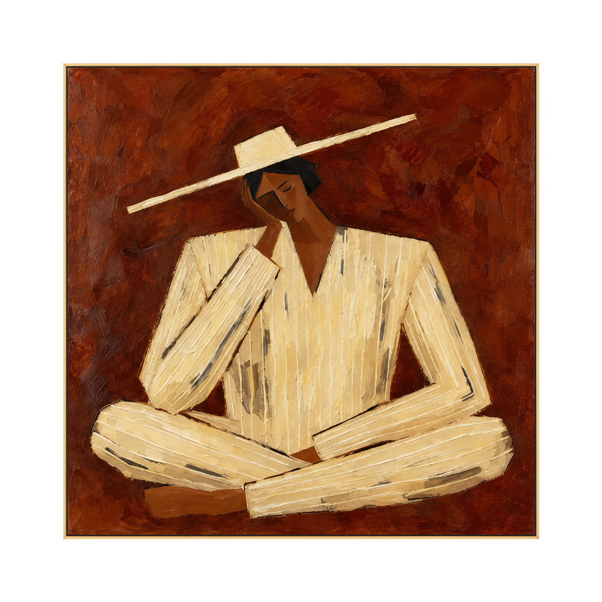 Sienna Contemplation artwork in a gold frame on a transparent background.