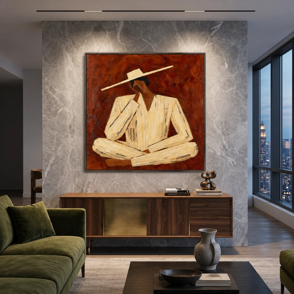 Sienna Contemplation artwork displayed above a wooden sideboard beside a green chair.