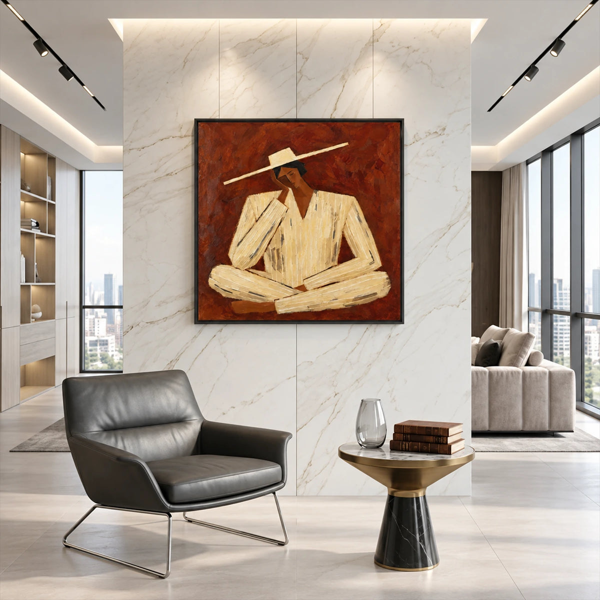 Sienna Contemplation artwork displayed beside a black lounge chair and marble wall.