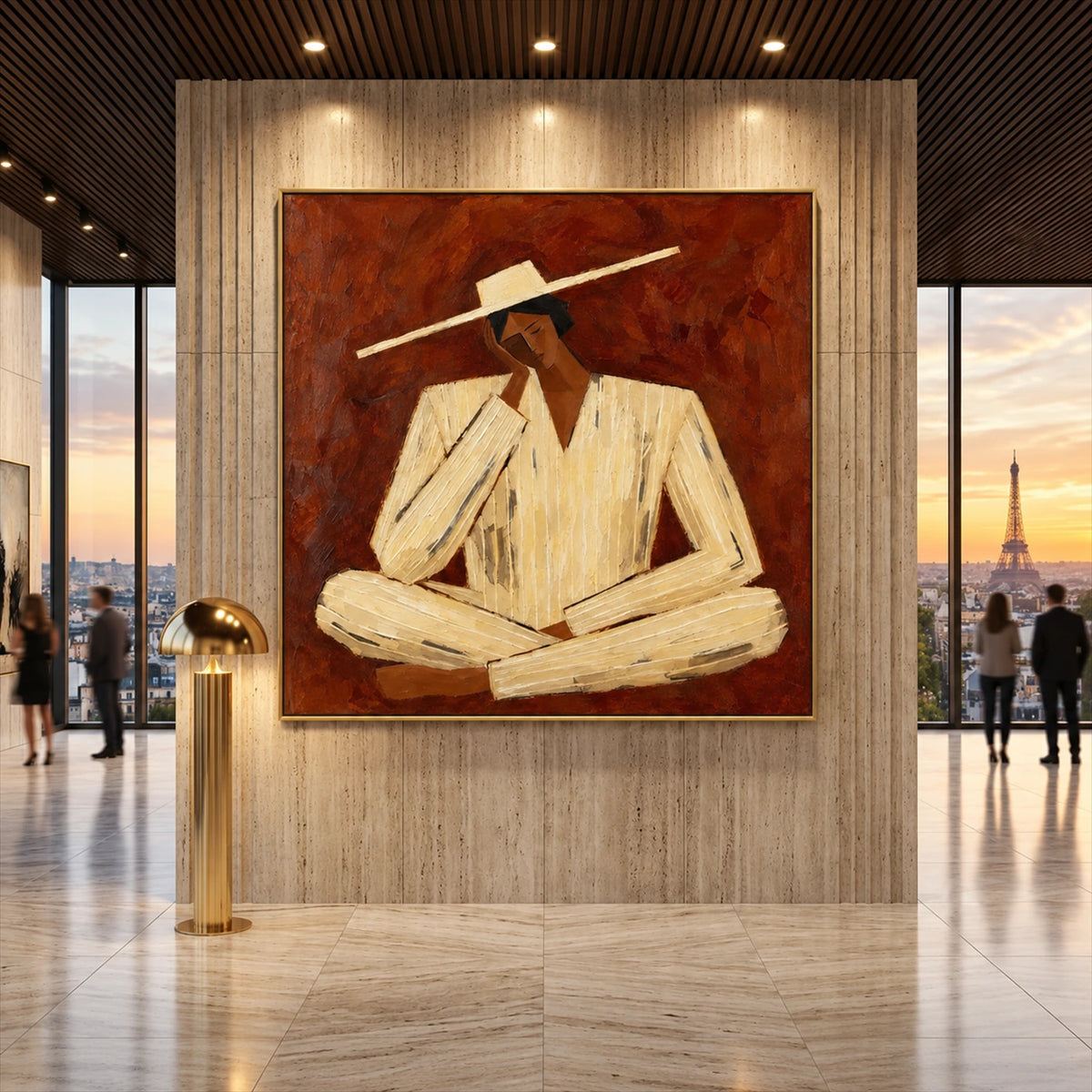 Sienna Contemplation artwork displayed on a tall lobby wall.