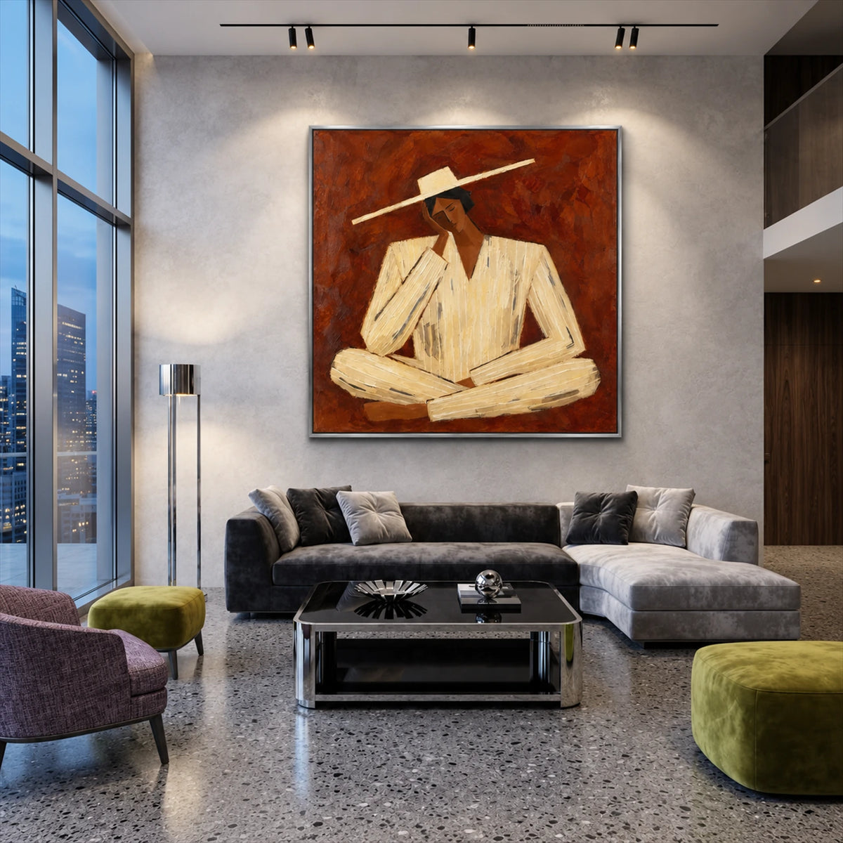 Sienna Contemplation artwork displayed above a gray sectional with green stools.