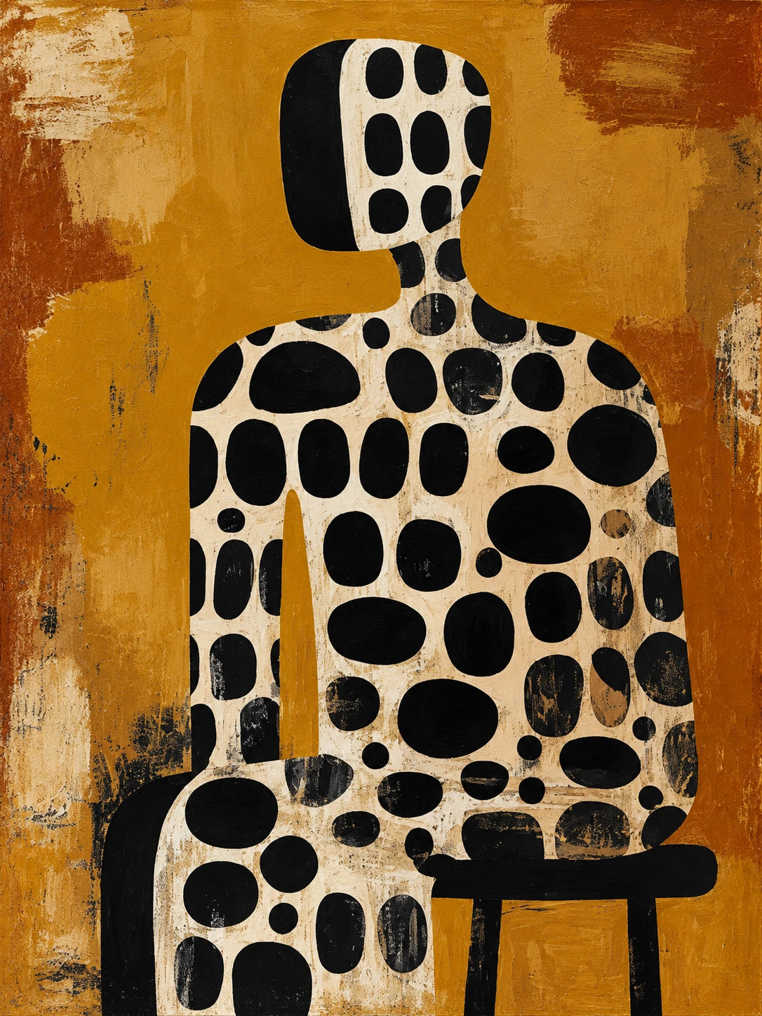 Spotted Silhouette full artwork. An abstract seated figure is covered in irregular black spots against a textured ochre ground.