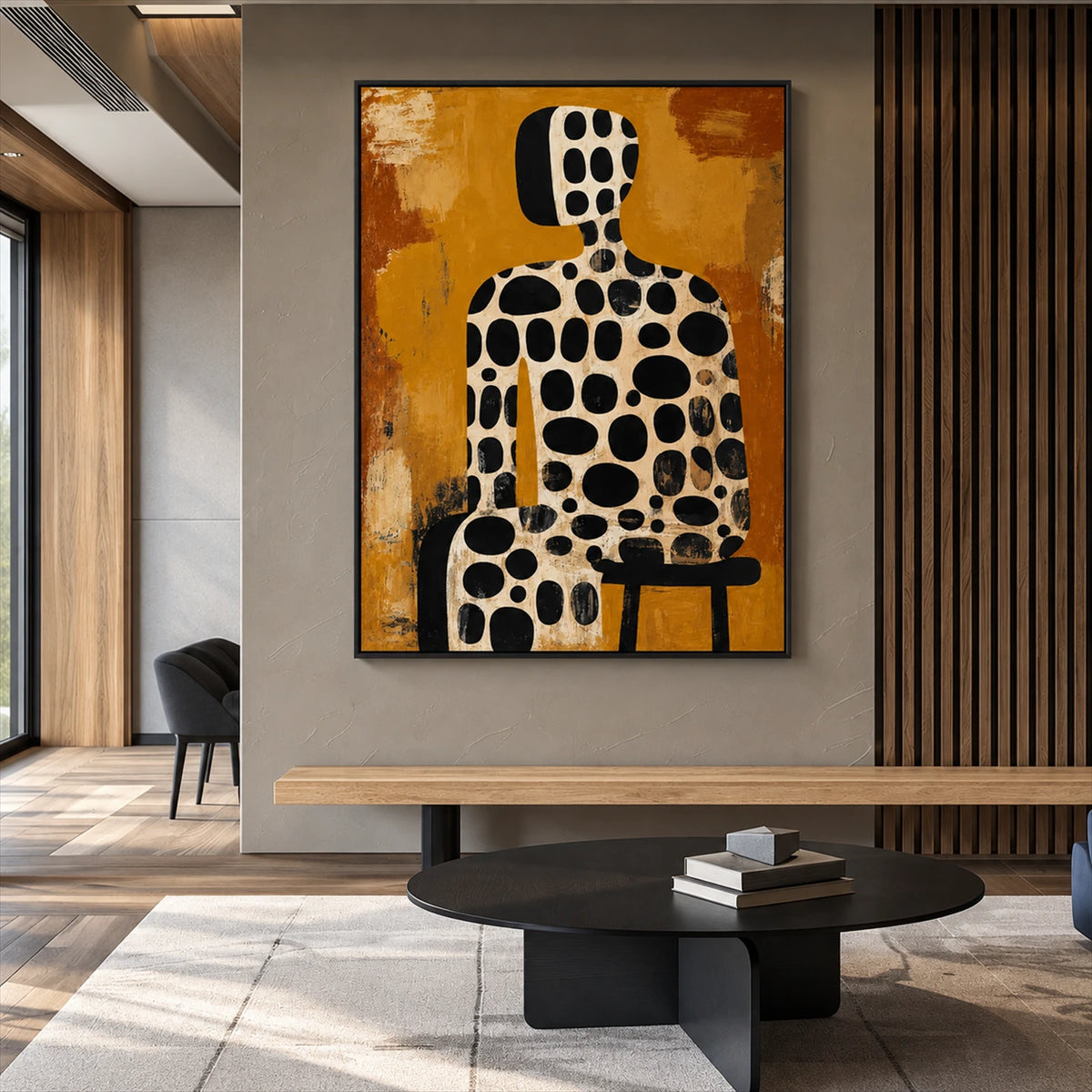 Spotted Silhouette artwork displayed above a long bench near a black coffee table.