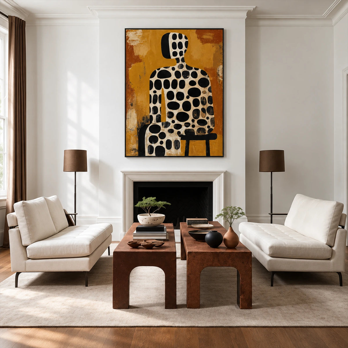 Spotted Silhouette artwork displayed above a fireplace between white armchairs.