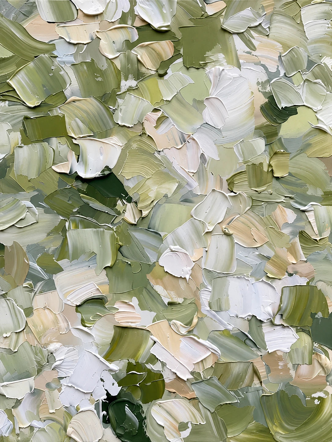 Sage Confetti full artwork. Small strokes of sage, olive, cream, and white overlap across the surface like scattered petals.