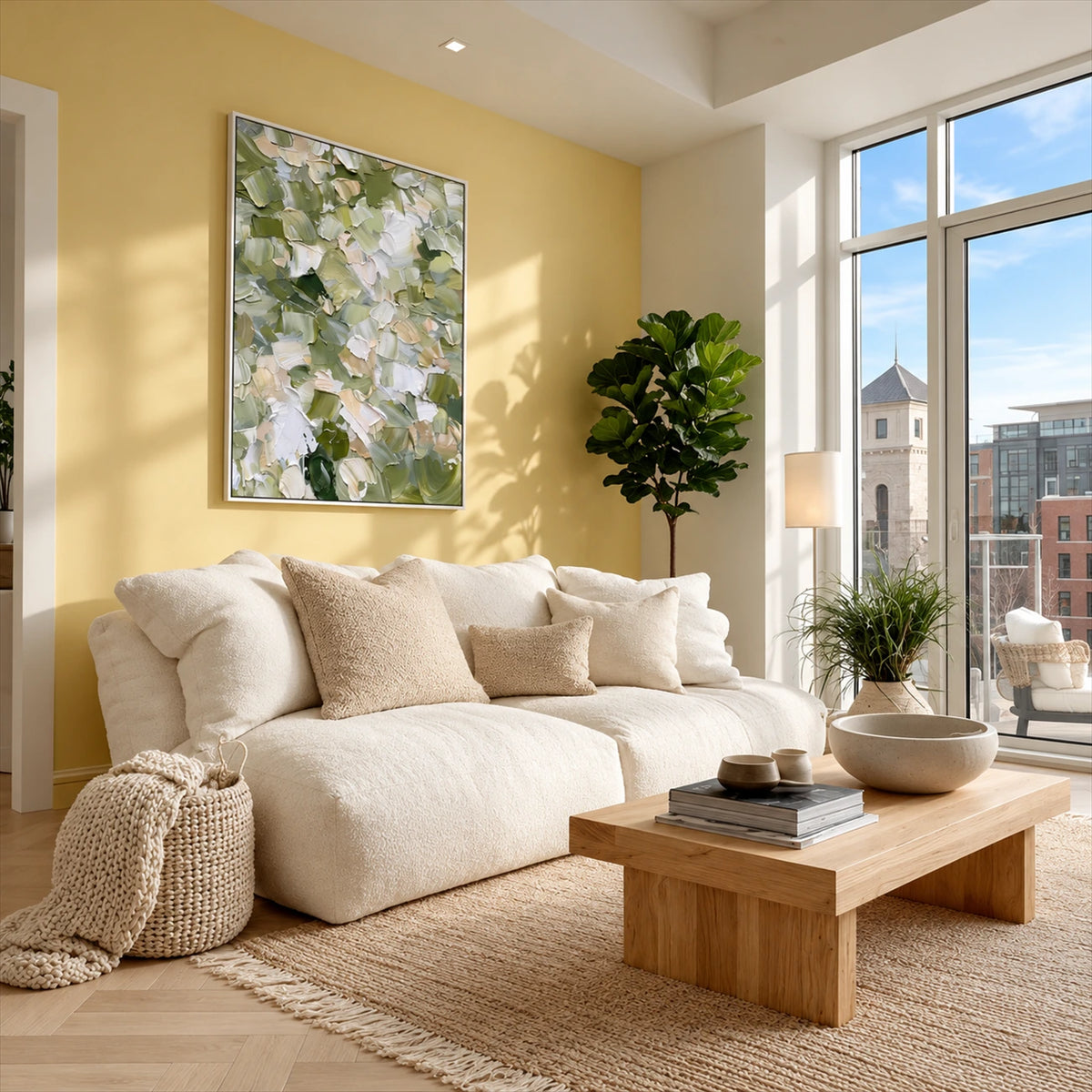 Sage Confetti artwork displayed above a cream sofa against a yellow wall.