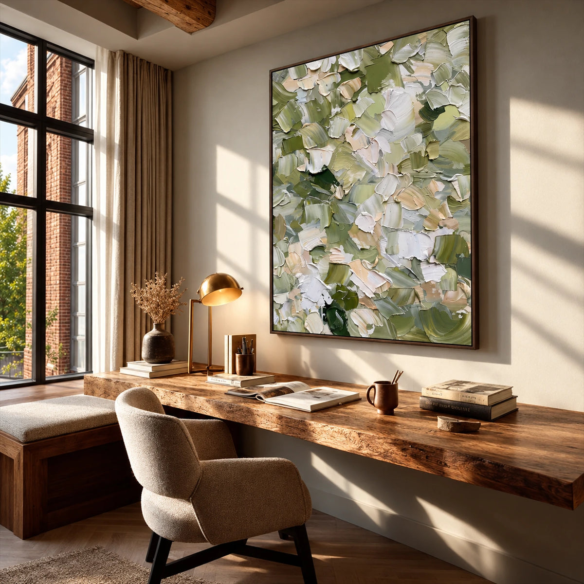 Sage Confetti artwork displayed above a wooden desk beside a window.