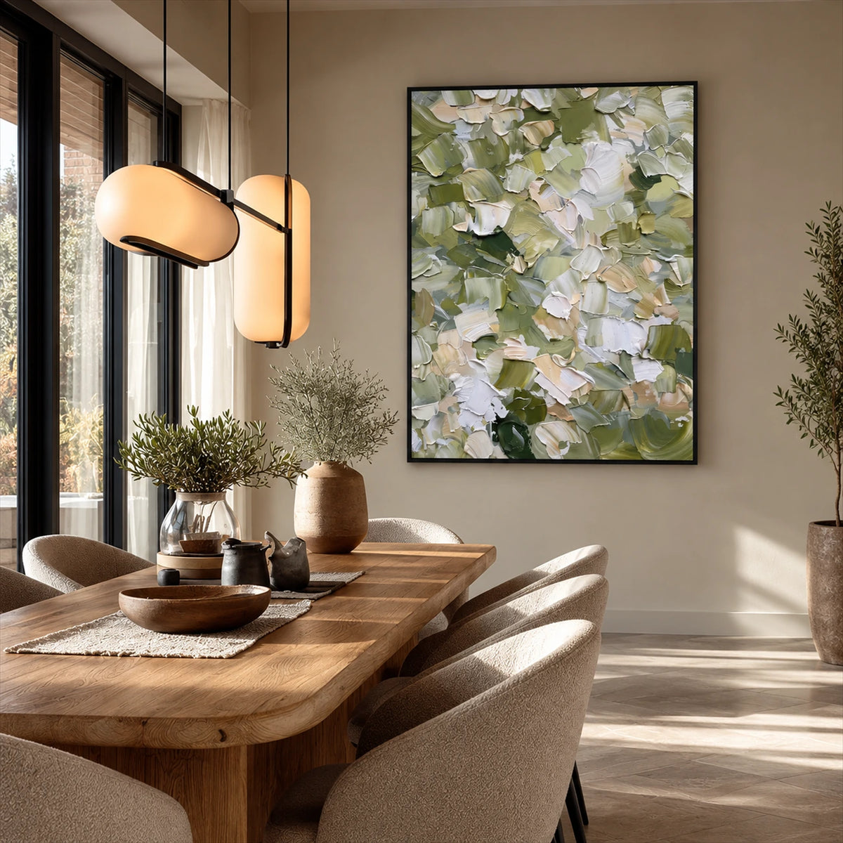Sage Confetti artwork displayed above a wooden dining table.