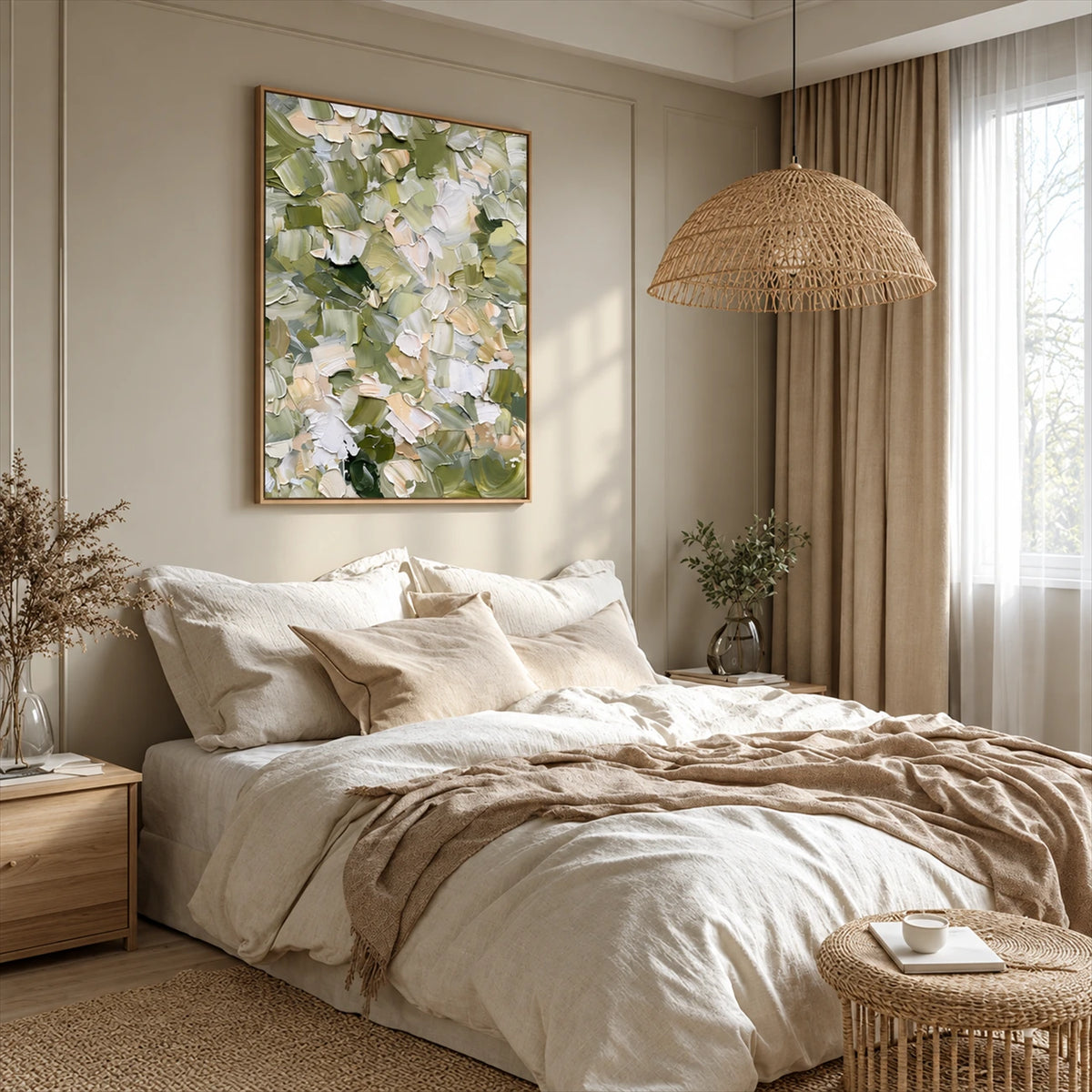 Sage Confetti artwork displayed above a bed with neutral linen.