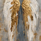 Gilded Wings full artwork. A pair of sweeping wings unfolds in ivory and gold against a weathered gray-blue ground.