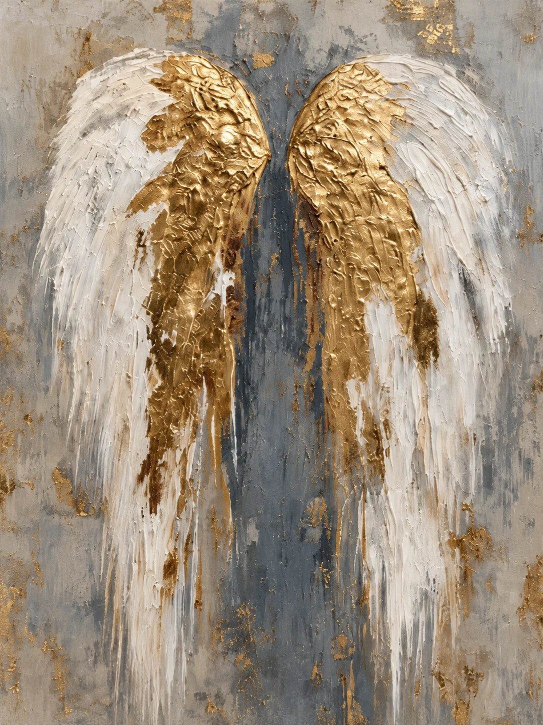 Gilded Wings full artwork. A pair of sweeping wings unfolds in ivory and gold against a weathered gray-blue ground.