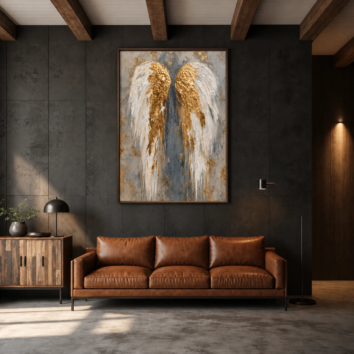 Gilded Wings artwork displayed above a brown leather sofa.