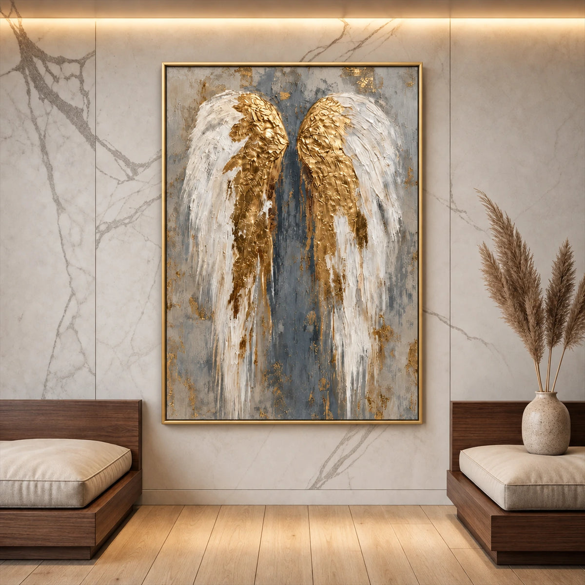 Gilded Wings artwork displayed on a pale marble wall between benches.