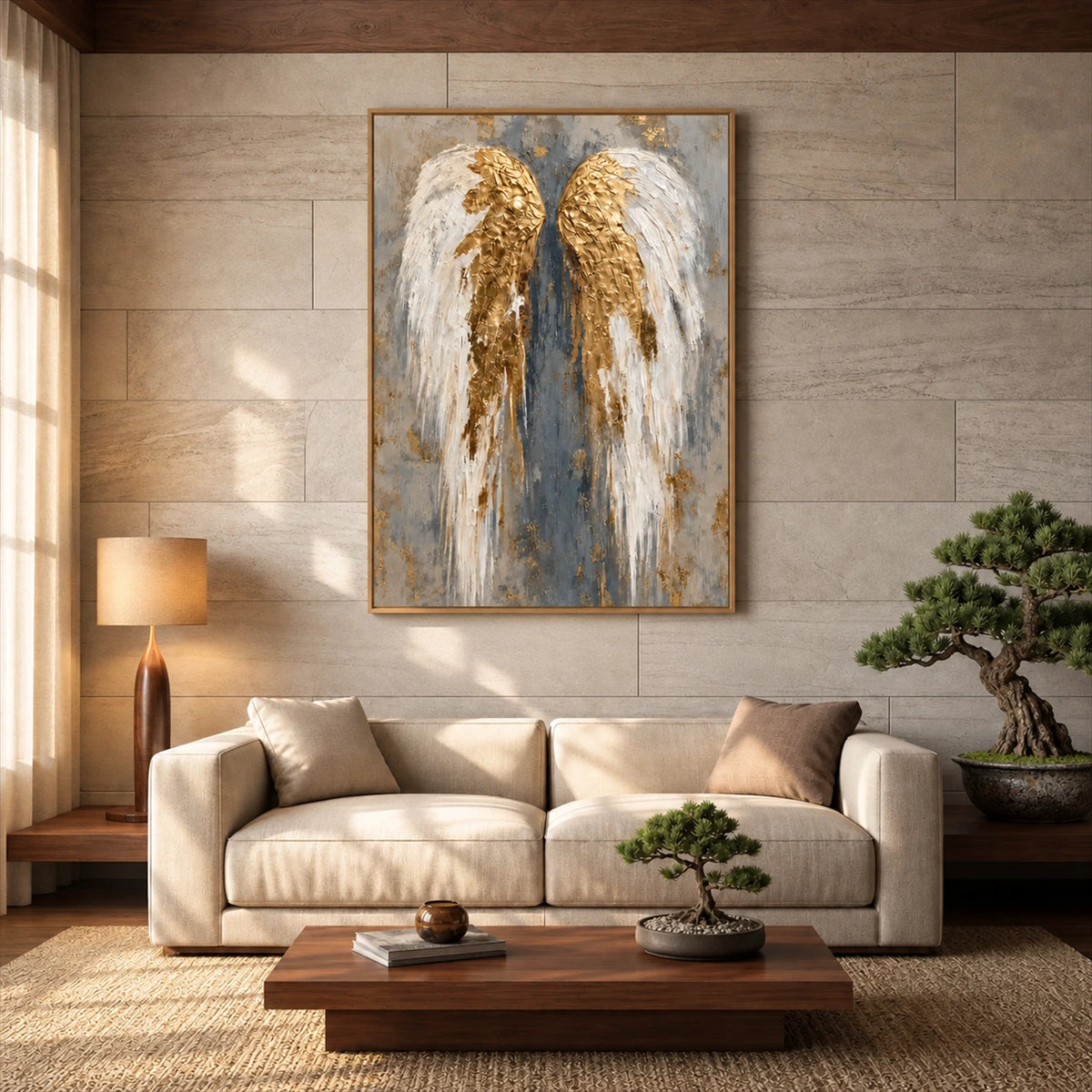 Gilded Wings artwork displayed above a cream sofa and low wooden table.
