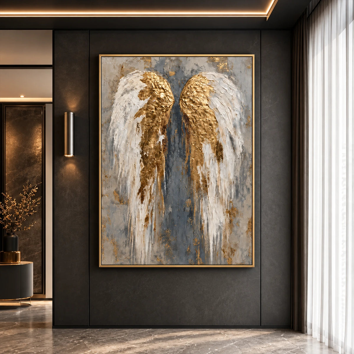 Gilded Wings artwork displayed on a dark paneled hallway wall.