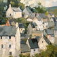 Hillside Gables full artwork. Pale cottages with slate-gray roofs cluster along a green hillside beneath a softly broken sky.