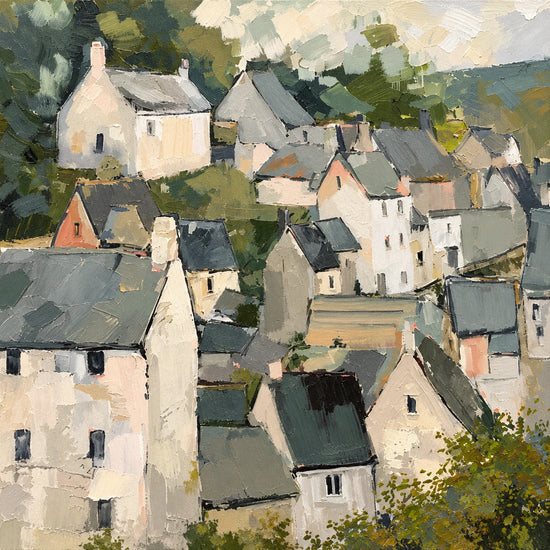 Hillside Gables full artwork. Pale cottages with slate-gray roofs cluster along a green hillside beneath a softly broken sky.