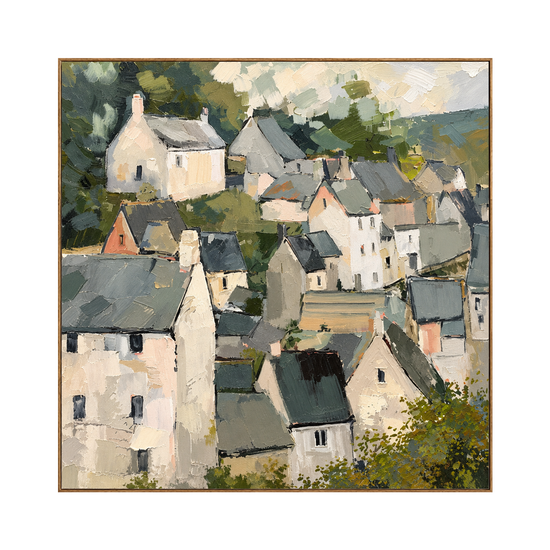 Hillside Gables artwork in a natural wood frame on a transparent background.