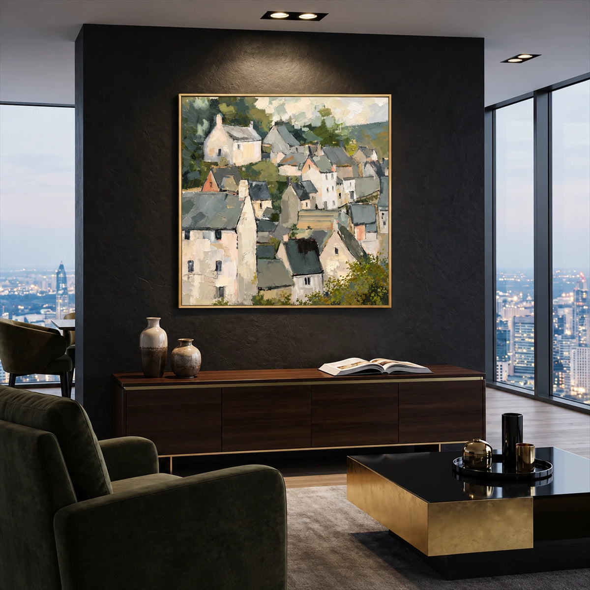 Hillside Gables artwork displayed above a dark console in a city lounge.