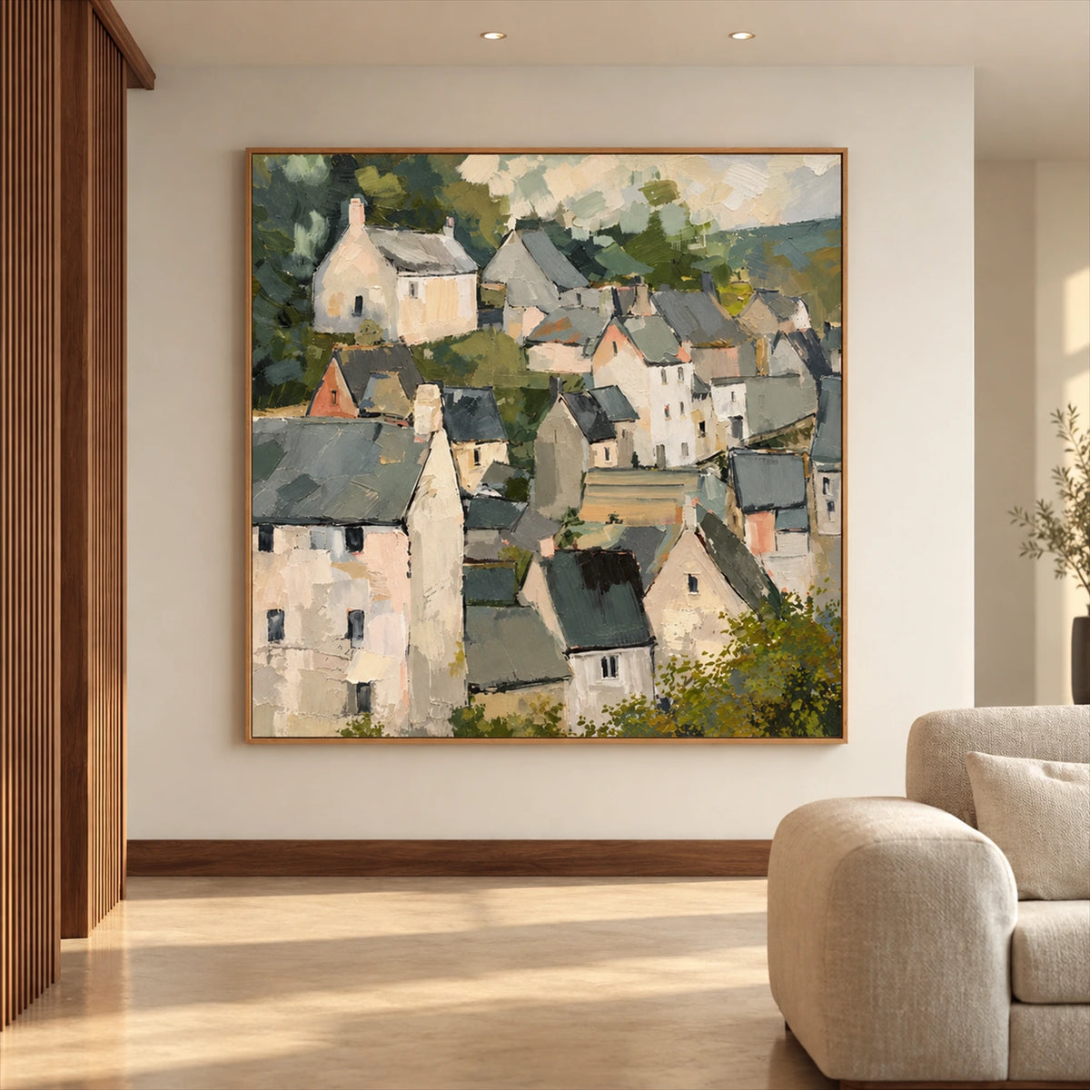 Hillside Gables artwork displayed beside cream seating in a warm living room.