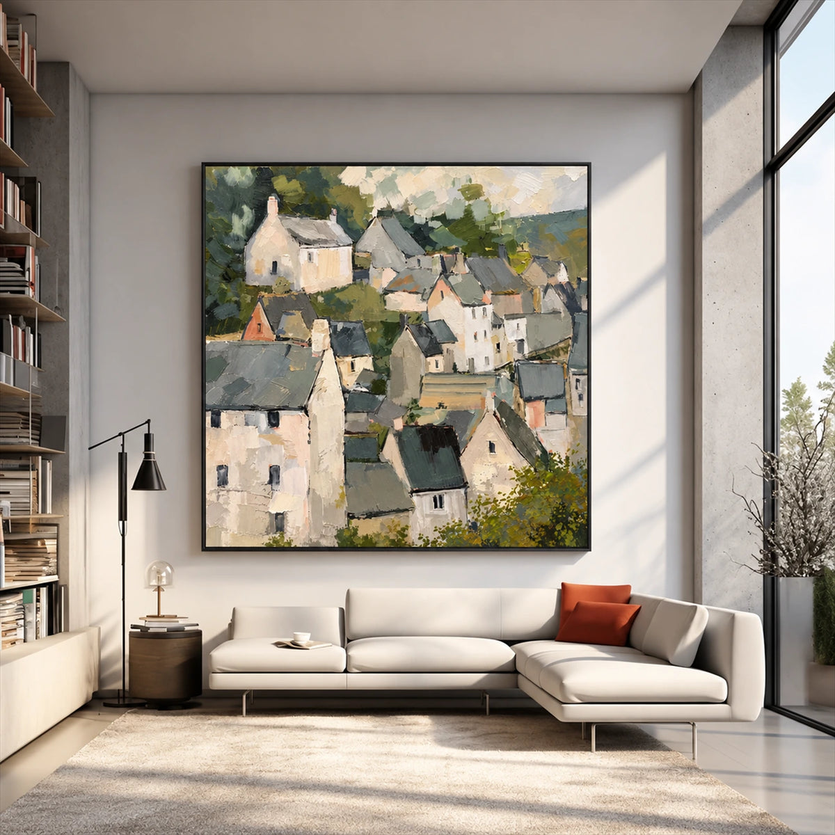 Hillside Gables artwork displayed above a white sectional.