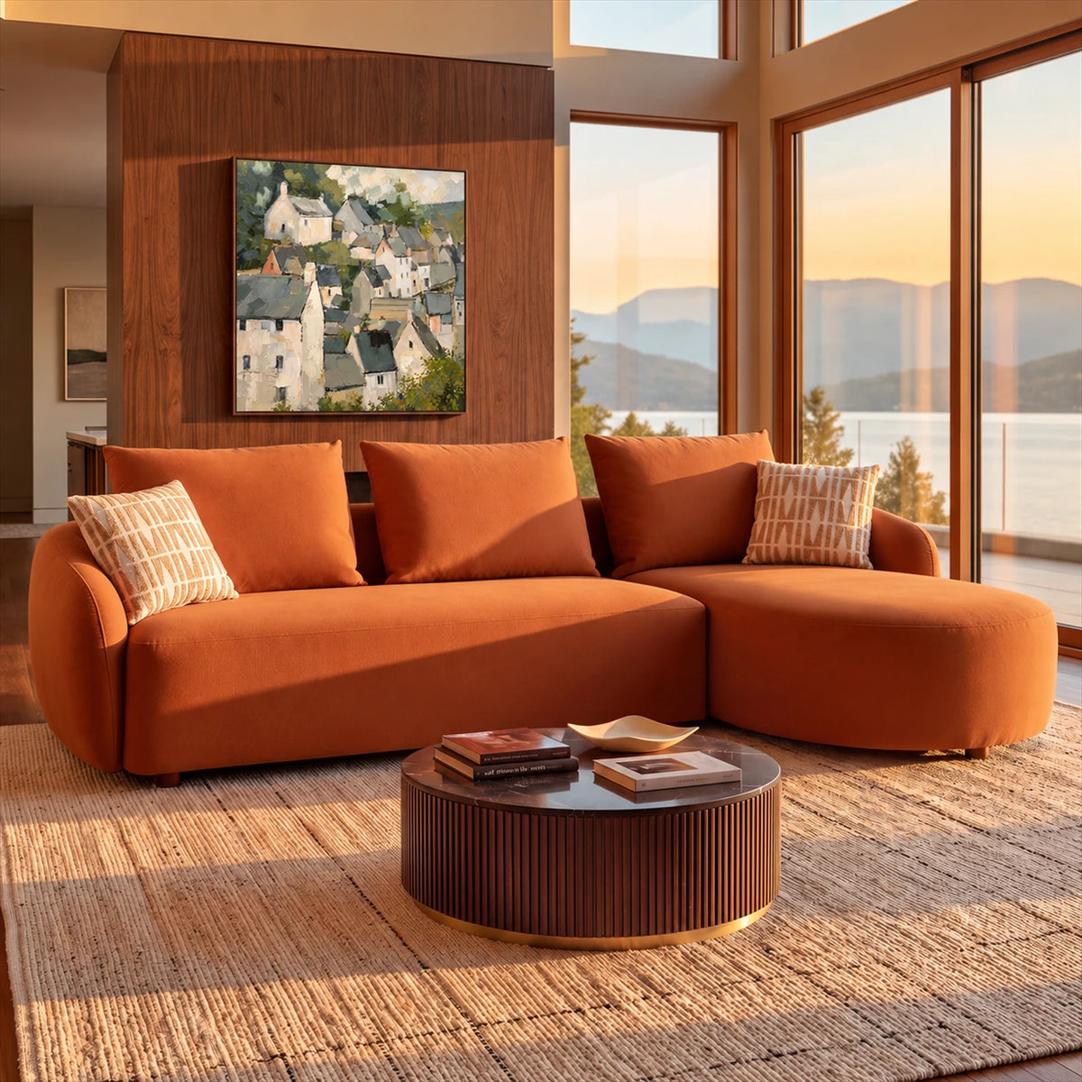 Hillside Gables artwork displayed above an orange sectional beneath timber windows.