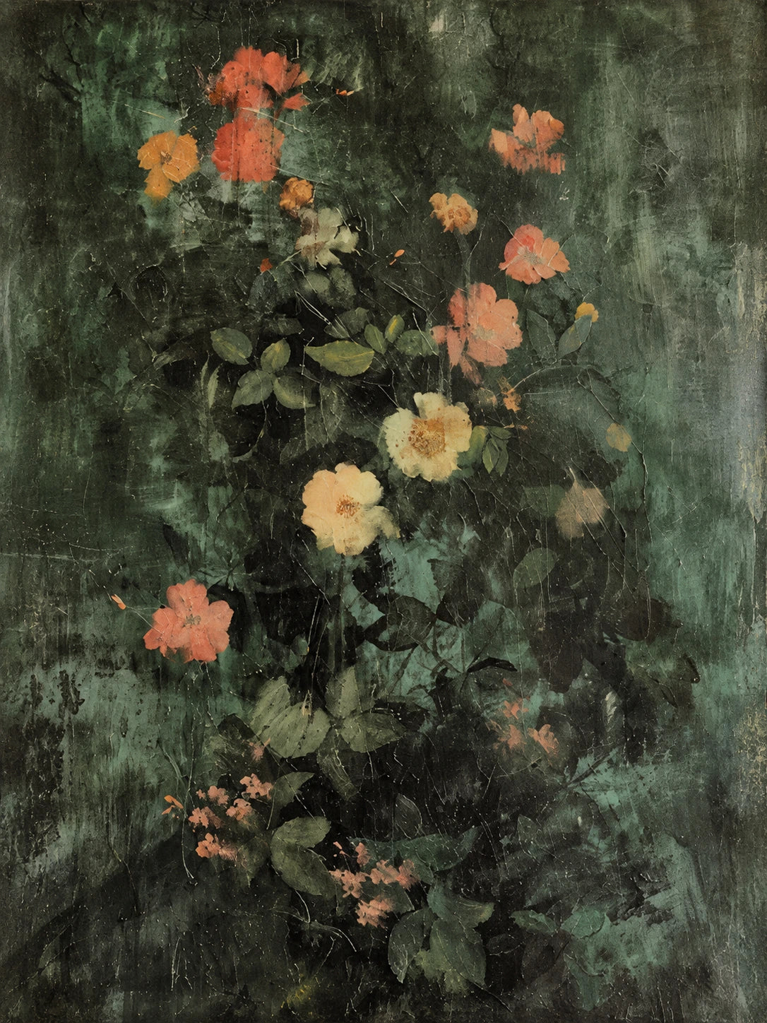 Twilight Blossoms full artwork. Small coral and cream blossoms rise through dark green foliage on a deep, mottled ground.