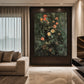 Twilight Blossoms artwork displayed above a sofa against a dark wooden wall.