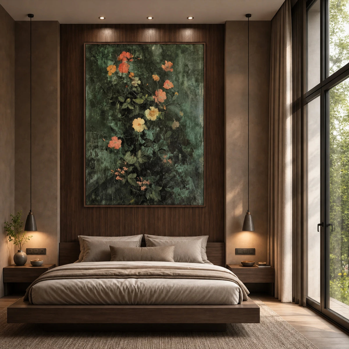 Twilight Blossoms artwork displayed above a bed between bedside lamps.
