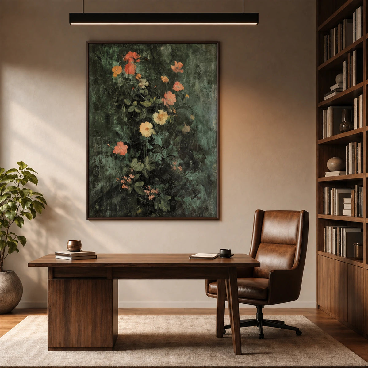 Twilight Blossoms artwork displayed above a wooden desk beside bookshelves.