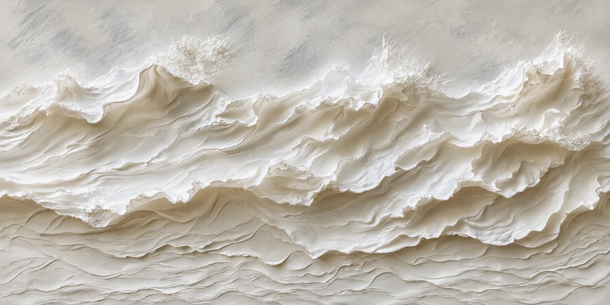 Ivory Tidemarks full artwork. Layers of creamy white ridges sweep across a pale ground like rows of breaking surf.