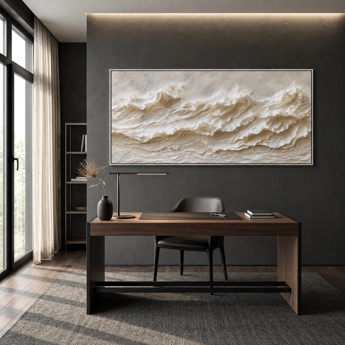 Ivory Tidemarks artwork displayed above a wooden desk against a dark wall.