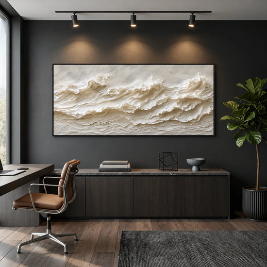 Ivory Tidemarks artwork displayed above a low cabinet beside a desk.